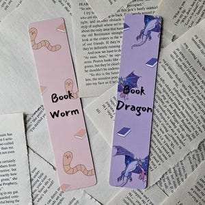 Book Dragon Book Worm Bookmark, double sided bookmark, fantasy bookmark, Christmas gift, bookish gift, reader gift,