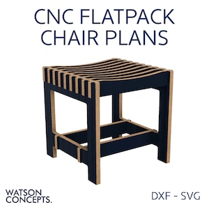 May include: CNC Flatpack Chair Plans, a digital download for a chair design. The chair is made of wood and has a dark blue finish. The plans are available in DXF and SVG formats.