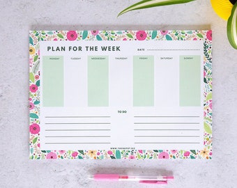 Floral Weekly Planner A4 - Desk Pad - Tear-off sheets - To Do List Organiser - Diary - UK Made - recycled paper