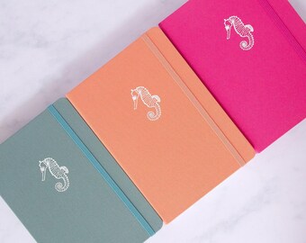 Seahorse notebook, ultra-thick 160gsm paper, hand-stamped to order, your choice of book colour, paper type and foil