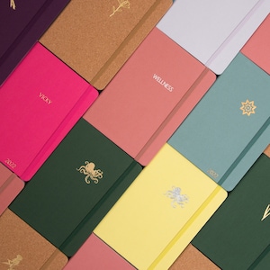 Puede incluir: Una colección de cuadernos coloridos con varios diseños y textos, incluyendo "Wellness", "Vicky" y "2022".