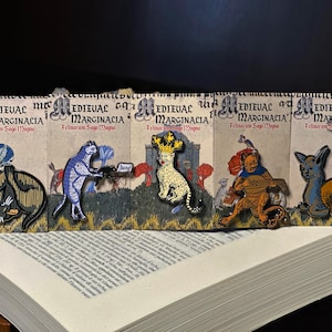 May include: Five enamel pins featuring medieval-style illustrations of cats. Each pin has a different design, including a cat playing a lute, a cat reading a book, a cat wearing a crown, and a cat with a snail. The pins are all set against a background of a book.