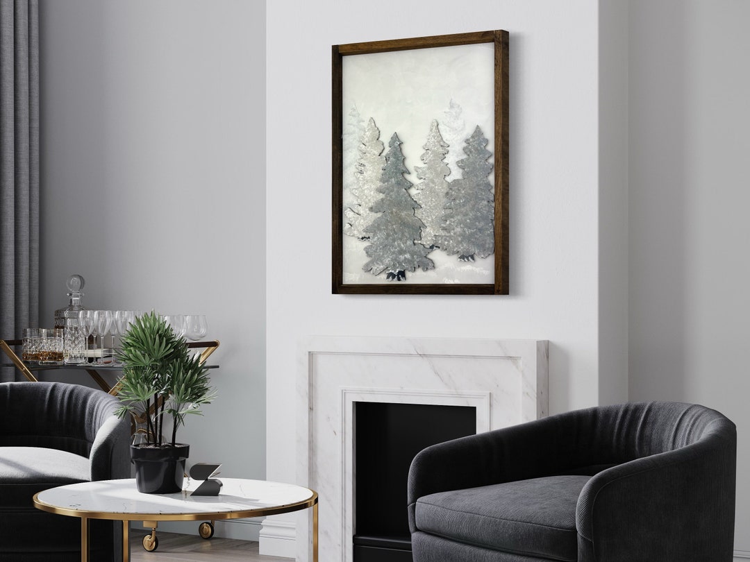 3D Wood Pine Tree Wall Decor Snow Covered Pine Wall Art Black and White Tree Painting Wood