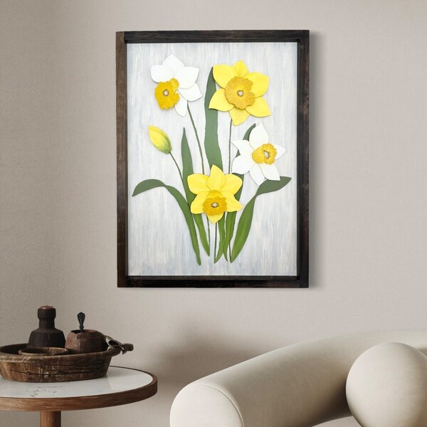 Wooden Daffodil Painting - Yellow and White Floral Art with Wooden Frame