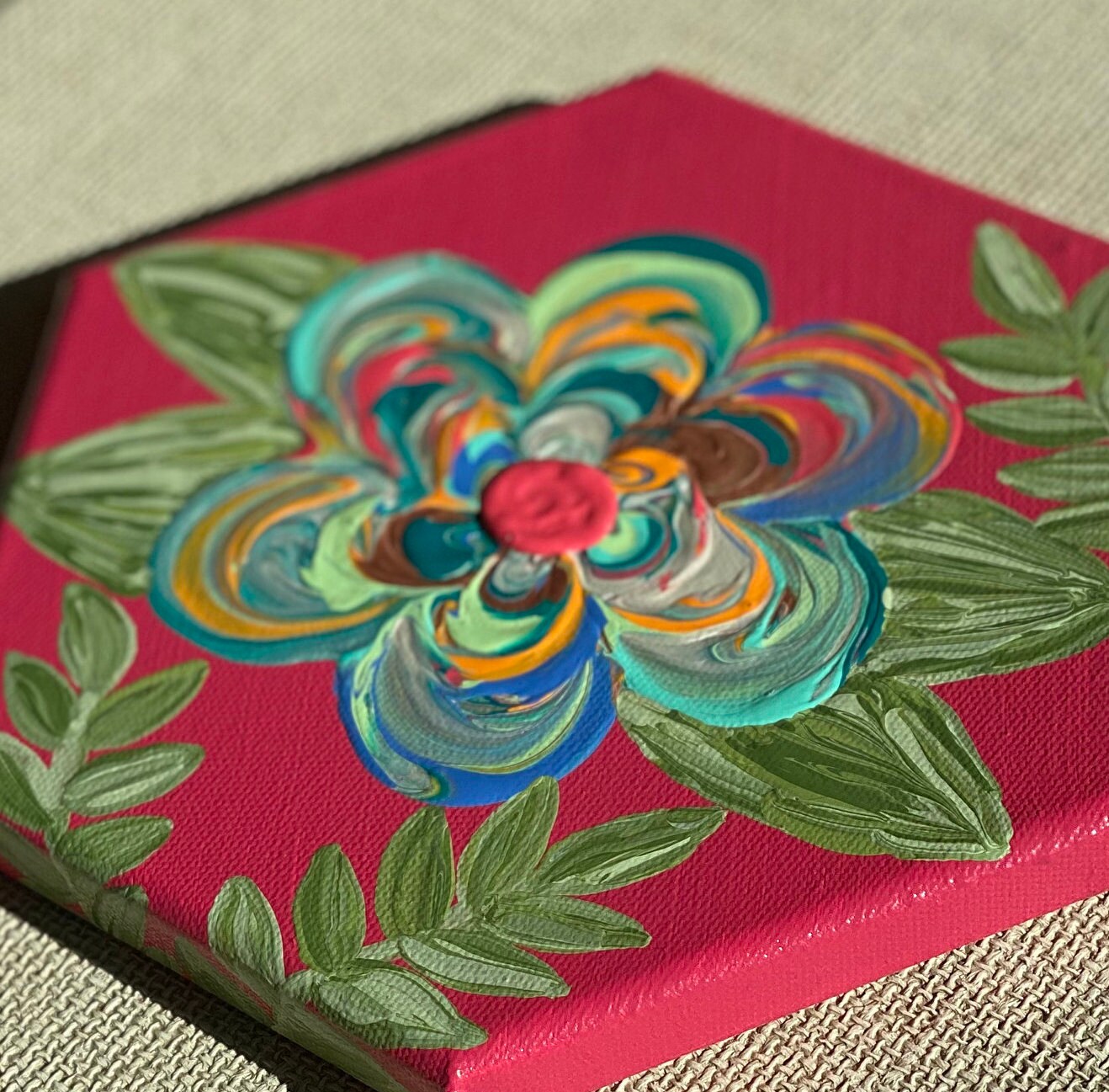 8 Hexagon Canvas With Textured Floral and Greenery/ Acrylic Painting/ Wall Hanging/ Wall Decor