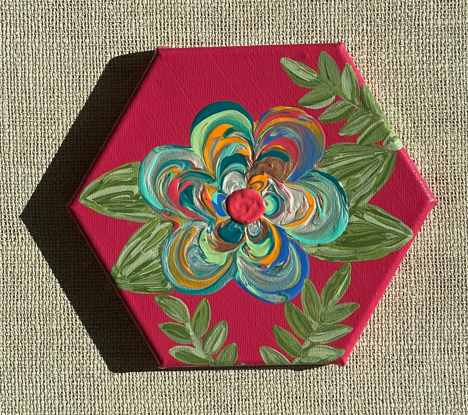 8 Hexagon Canvas With Textured Floral and Greenery/ Acrylic Painting/ Wall Hanging/ Wall Decor