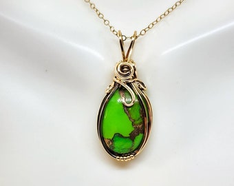 Green Turquoise 14k Gold Wire Wrapped Pendant, Statement Necklace, Unique Gift For Women, Artisan Jewelry,  Trendy Boho Jewelry 2022