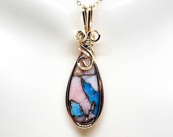 Pink Opal and Turquoise 14k Gold Wire Wrapped Pendant, Kingman Turquoise Necklace, Opal Jewelry, Stone Pendant, Gift For Her, Trendy Jewelry