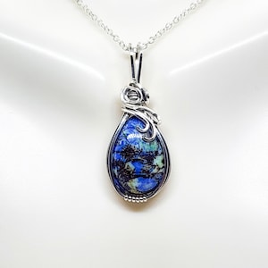 Blue Azurite and Argentium Silver Pendant, Wire Wrapped Necklace, Chakra Jewelry, Unique Gift For Women, Boho Necklace, Trendy Jewelry 2023