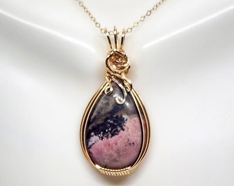 Rhodonite 14k Gold Wire Wrapped Pendant, Statement Jewelry, Crystal Necklace, Aesthetic Necklace, Handmade  Jewelry, Trendy Gift For Her
