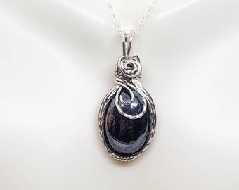 Hematite Silver Wire Wrapped Pendant, Grounding Crystal Necklace, Aesthetic Necklace, Wire Pendant, Sterling Silver Necklace, Boho Necklace