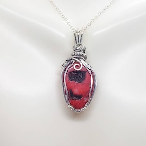 Red Coral Wire Wrapped Pendant, Coral Jewelry, Crystal Necklace, Gemstone Pendant, Aesthetic Necklace, Silver Necklace, Gift For Mom