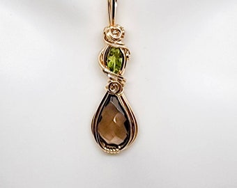 Smoky Quartz and Peridot Wire Wrapped Pendant, Boho Chic Necklace, Handmade Jewelry, Aesthetic  Necklace, Crystal Necklace, Necklace For Her
