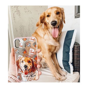Custom dog illustrated phone case, Gift for dog lover, Dog gift ideas, Custom pet portrait, Dog loss gift, Chicken and Fires