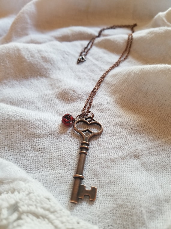 Antique Key and Rose Necklace, Gifts for Women, Vintage Jewelry, Bronze, Gold, Rose, Copper, Halloween,  Christmas, Birthday, Gift, For Her