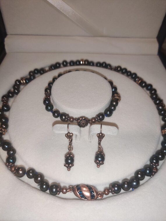 Black AA Rated Asian Pearl Handknotted Set, Pearl Necklace, Pearl Bracelet, Pearl Earrings, Copper