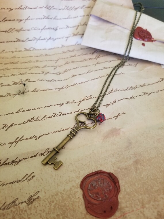 Antique Key and Rose Necklace, For Her, Vintage Jewelry Ascetic, Bronze, Gold, Rose, Copper, Halloween, Christmas, Birthday, Gift
