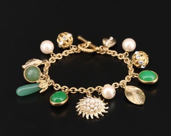 Gold Tone Charm Bracelet | Faux Pearl and Jade Charm Bracelet