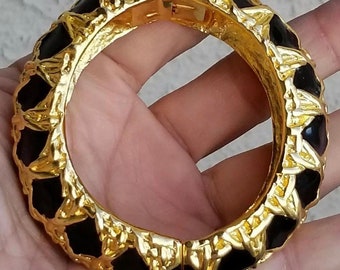 Vintage KJL Black and Gold Tone Wide Bangle Bracelet