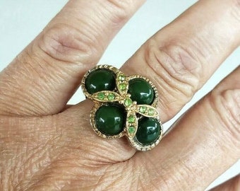 Vintage Faux Jade And Rhinestone Gold Tone Ring,  Size 7.5 Adjustable