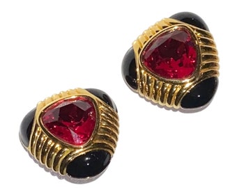 Vintage Gold Tone, Red and Black Enamel Pierced Earrings | Mother’s Day Earrings
