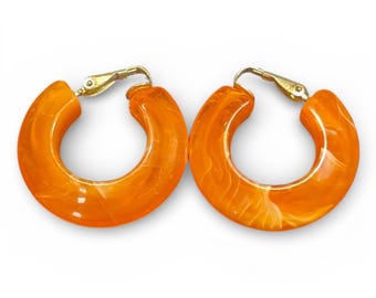 Vintage Marbled Orange Lucite Hoop Earrings Clip-On Retro Jewelry - Hong Kong