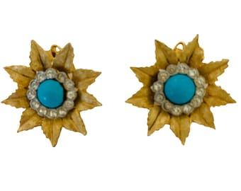 Vintage Gold Tone Star Burst Earrings, Clip On. Faux Turquoise and Diamond