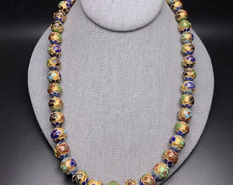 Champleve Enamel Bead Necklace Vintage Floral Multicolor Flower Gold Tone