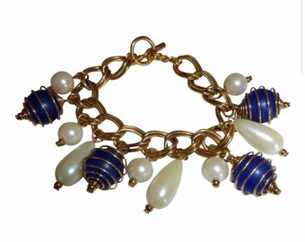 Vintage Gold, Pearl and Lapis Charm Bracelet