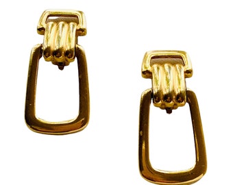Vintage Givenchy Gold Tone Dangle Hoop Earrings, Clip On. DoorKnockers