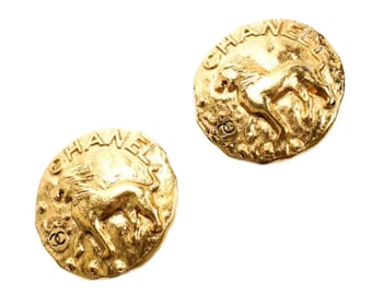 Vintage Chanel Earrings | Chanel Lion Earrings | Chanel Button Gold Tone Clip Earrings