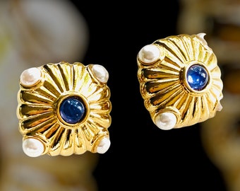 Gold Tone, Faux Pearl and Sapphire Earrings, Clip Ons