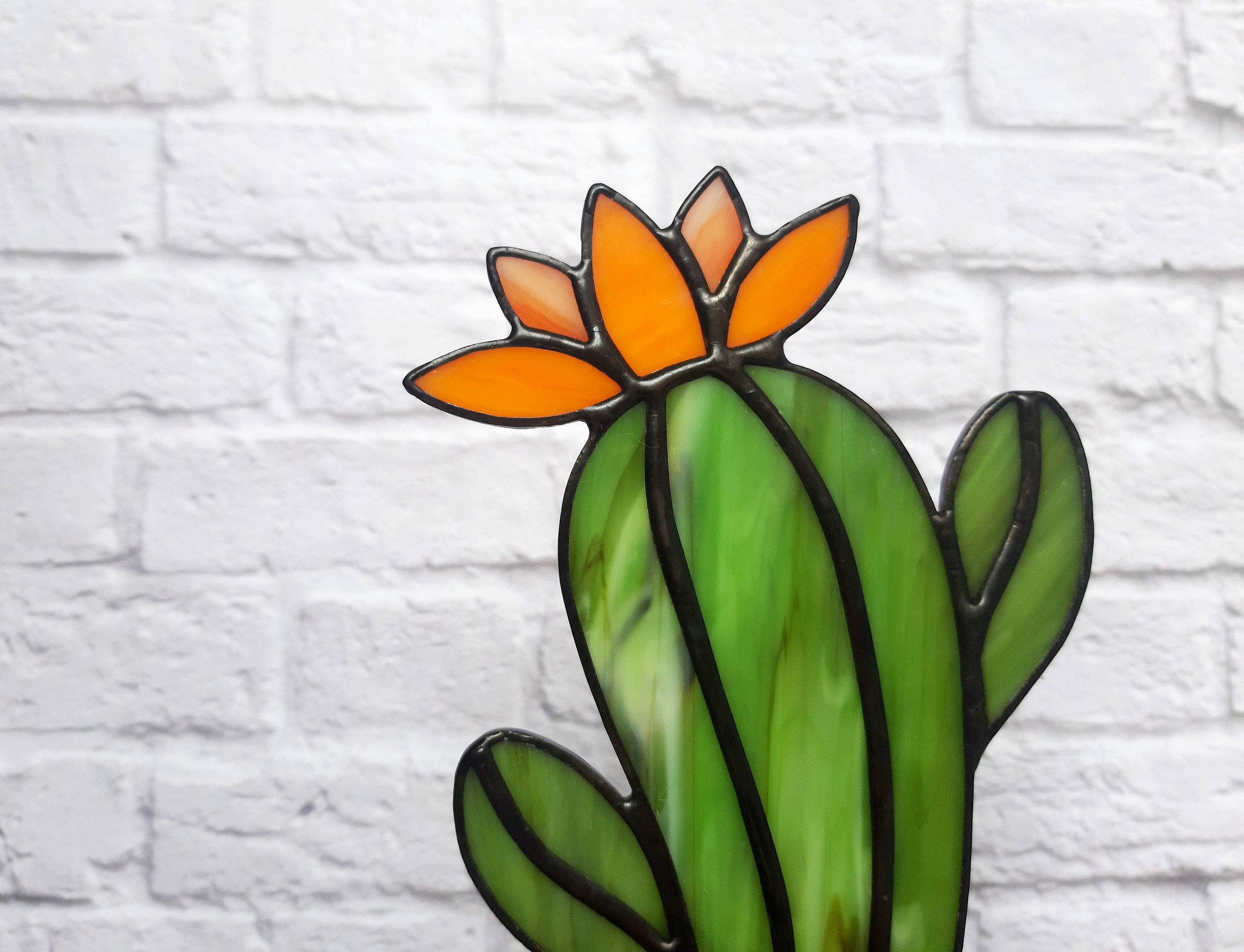 Stained Glass Blooming Cactus Plant Stake Succulent Etsy