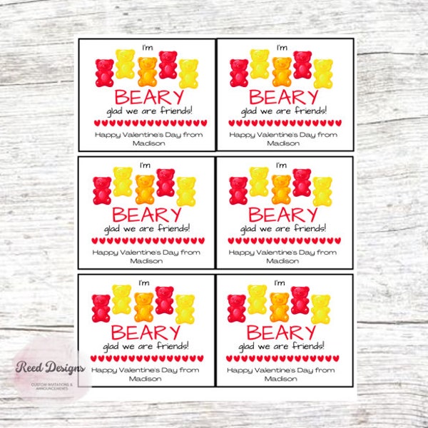 Gummy Bear Valentines Day Card, Kids Bear Valentines Day Cards, Treat Bag Tags, Classroom Valentines