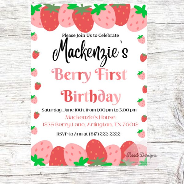 Editable Berry First Birthday Invitation, Strawberry Birthday Invitation, Berry Special, Berry 1st Birthday, Berry Sweet First Birthday,