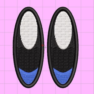 May include: Embroidered cartoon eyes with a black outline, white highlights, black eyelids, and blue lower sections. The eyes are oval-shaped and designed for use in crafts or on fabric items.