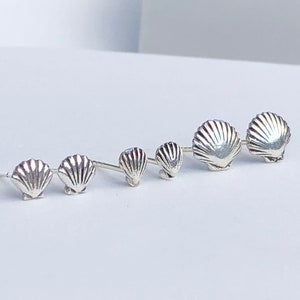 Puede incluir: Cinco pares de pendientes de botón de concha de plata en diferentes tamaños. Los pendientes están dispuestos en una línea del más grande al más pequeño.