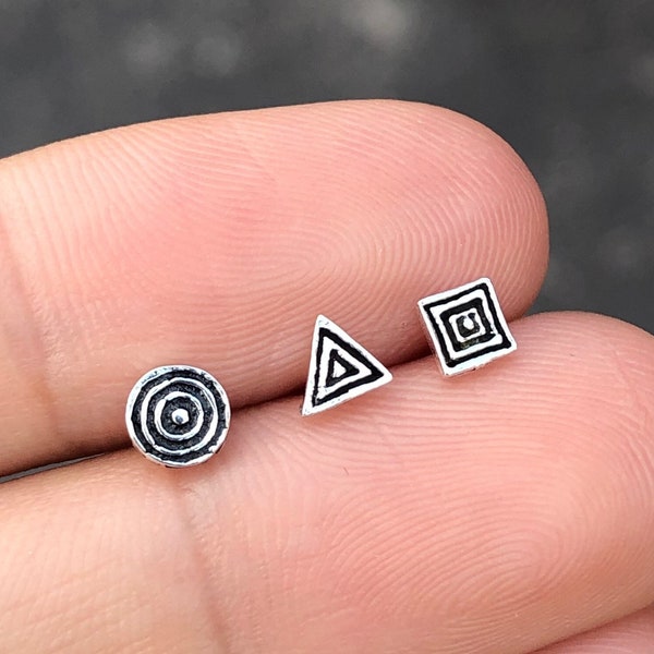 Triangle square circle stud earrings, geometric stud earrings, geometric spiral stud earrings, silver round studs, triangle studs, mini stud