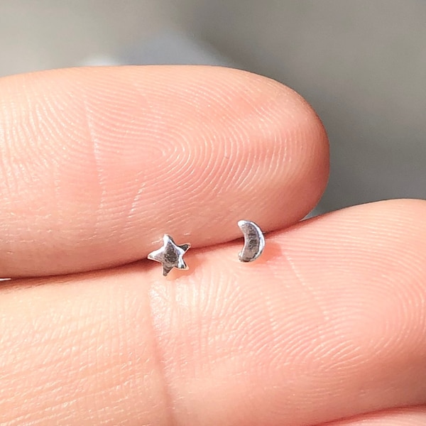 925 Sterling silver tiny moon star stud earrings, tiniest moon star earrings, moon earrings, star earrings, mismatched moon star, kid studs