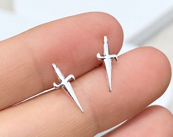 925 Sterling Silver Sword Stud Earrings, Oxidized Detail