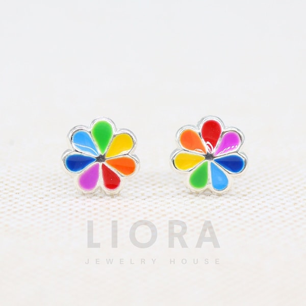 925 Sterling Silver Rainbow Flower Stud Earrings, Rainbow Earrings, Flower Earrings, Rainbow Flower Earrings, LGBTQ Earrings