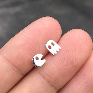 High Polished Sterling silver PAC MAN stud earrings, Pacman earrings, pac-man ghost earrings, pac man ghost studs, ghost earrings, pacman