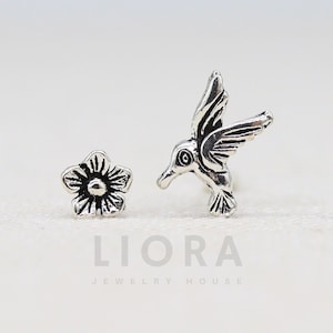 925 Sterling Silver Mismatched Hummingbird Flower Stud Earrings, Hummingbird Earring, Bird Earrings, Flower Earrings