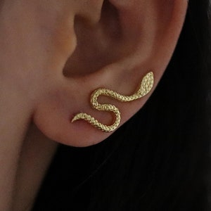18K Gold Snake Ear Climbers, Snake Earrings, Snake Climbers, Ear Climbers, Snake Gift, Snake Jewelry, Baby Snake Ear Climbers