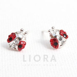 925 Sterling Silver Ladybug Stud Earrings Decorated with CZ Simulated Diamonds, Ladybug Earrings, Ladybug Gift, Animal Earrings