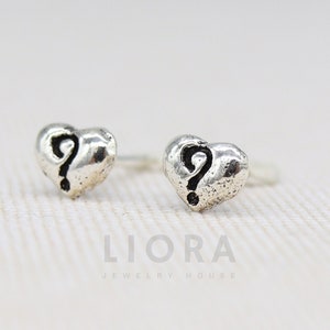 925 Sterling Silver Heart Stud Earrings, Question Mark Heart Earrings, Heart Earrings, Heart Jewelry