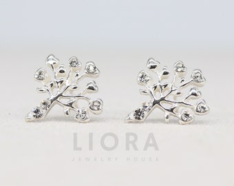 925 Sterling Silver Heart Tree Stud Earrings Decorated with CZ Simulated Diamonds, Tree Earrings, Plant Earrings, Heart Tree