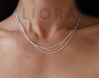 925 Sterling Silver Triple Chain Necklace, Herringbone Figaro Chain, Minimalists Choker Necklace, Triple Layered Necklace, Layering Chains