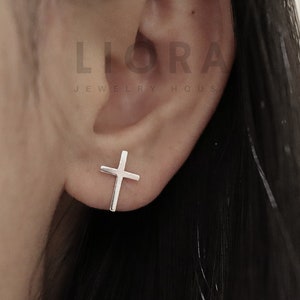 925 Sterling Silver Cross Stud Earrings, Thin Cross Earrings, Cross Earrings, Men Earrings, Cross Gift, Cross Jewelry, Gift for him