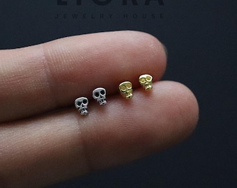 925 Sterling Silver Solid Tiny Skull Stud Earrings, Skull Earrings, Gold Skull Earrings, Halloween Earrings, Skull Studs Gift